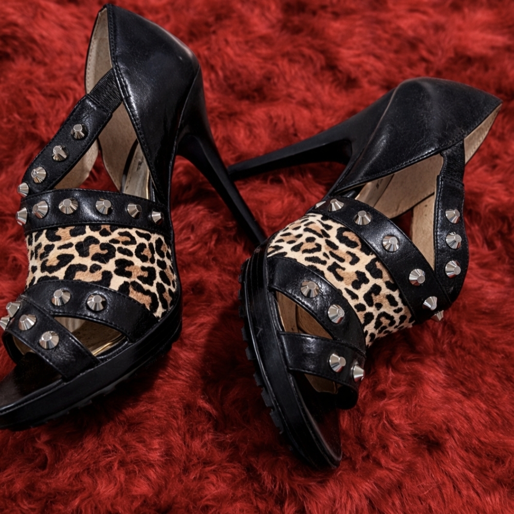 Michael Kors Studded Black and Leopard Print Women's Heels Size 8